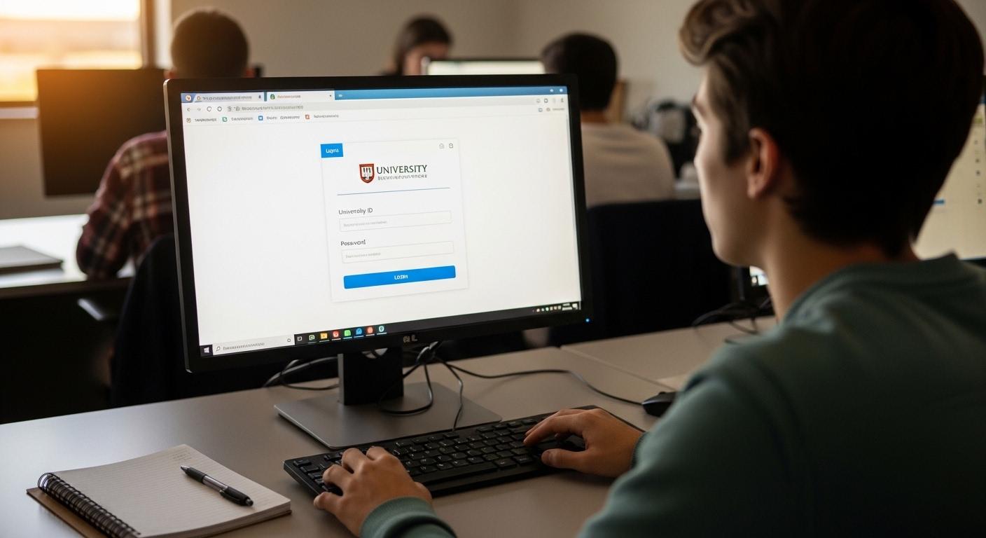 Student logging into a cloud-based virtual computer lab through a web browser using university credentials.