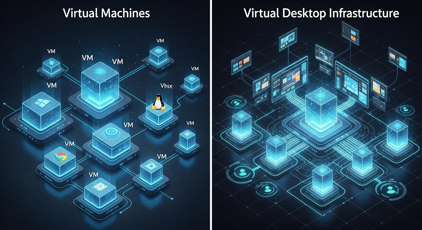 Side-by-side comparison of virtual machines and virtual desktop infrastructure, showing VMs as building blocks powering a centralized VDI environment.