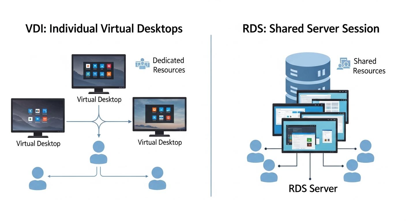 Visual diagram showing individual virtual desktops in VDI contrasted with multiple users sharing a single RDS server session.