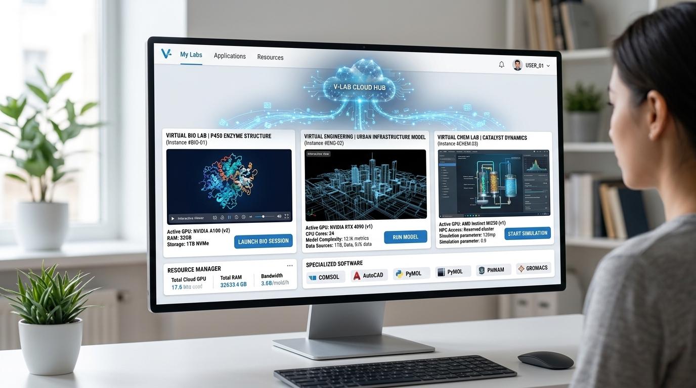 Cloud-based virtual computer lab interface showing remote access to engineering, design, and academic applications.