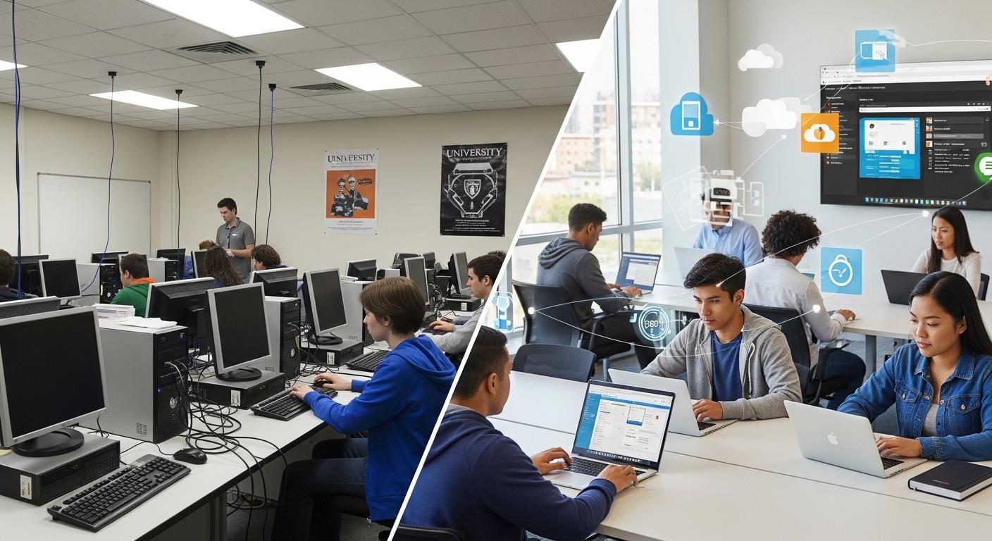 Transformation of higher education from traditional campus computer labs to browser-based virtual desktop environments.