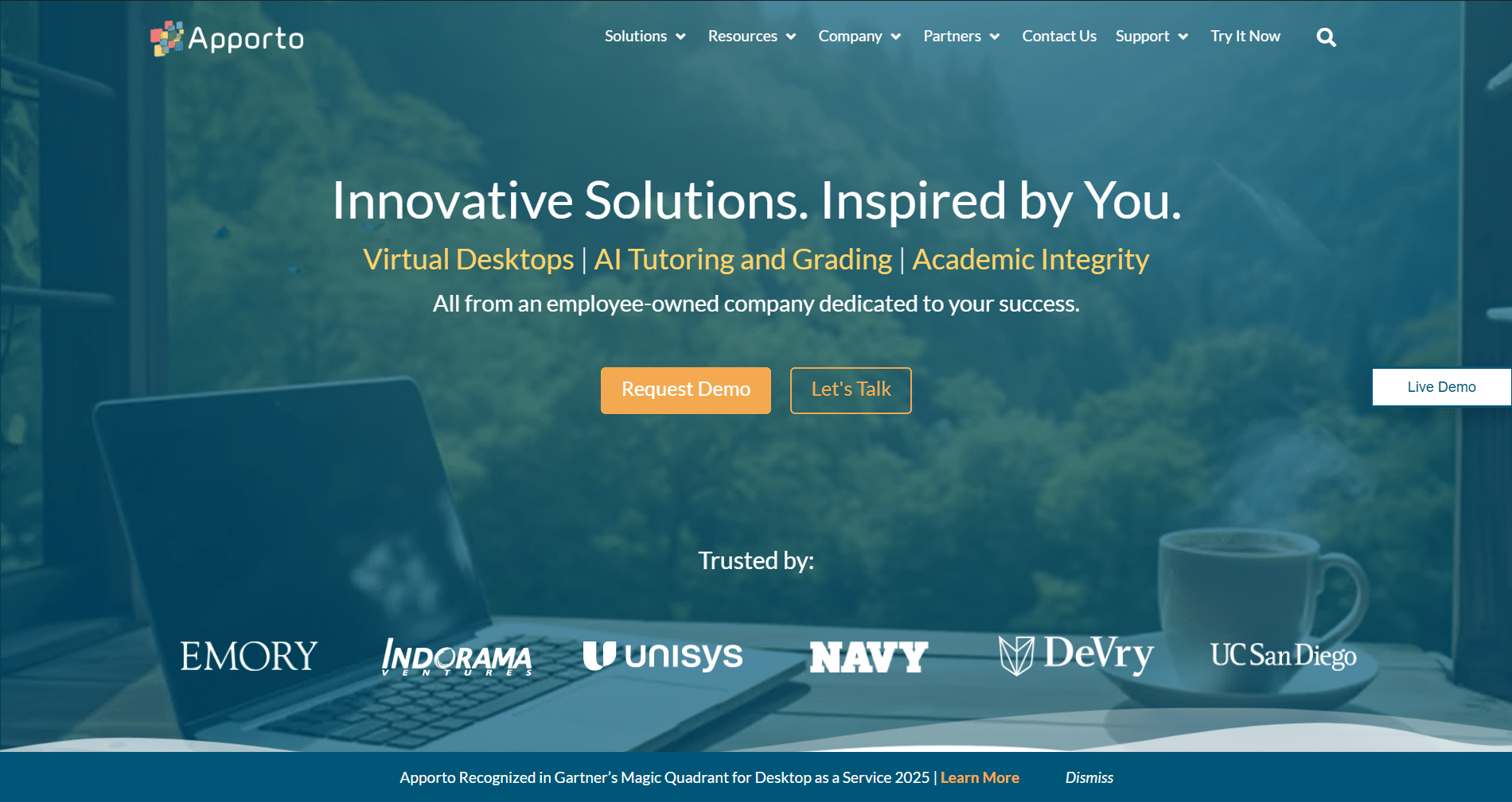 Apporto homepage showcasing virtual desktop solutions, AI tutoring tools, and cloud-based learning technology for education and enterprise organizations.