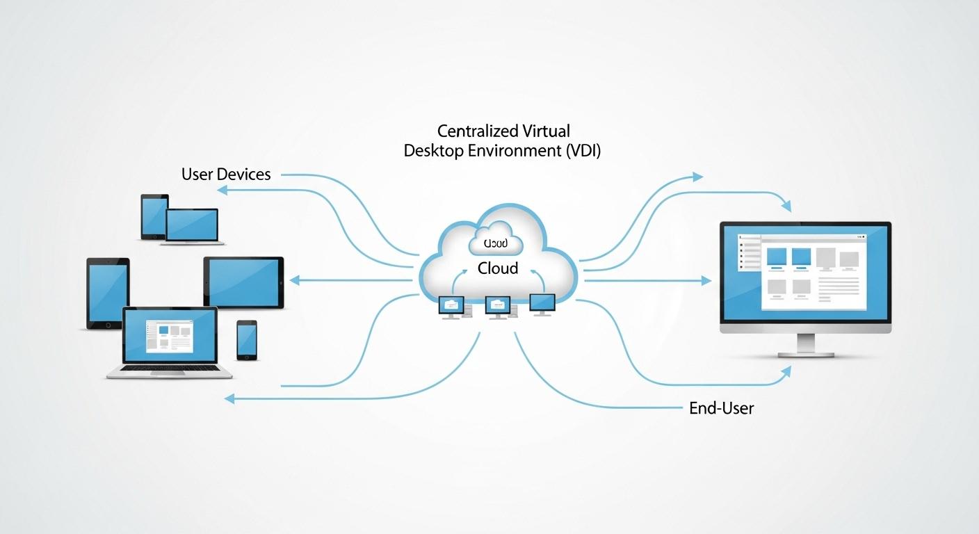 Simple VDI concept diagram showing user devices connecting to a centralized virtual desktop environment in the cloud