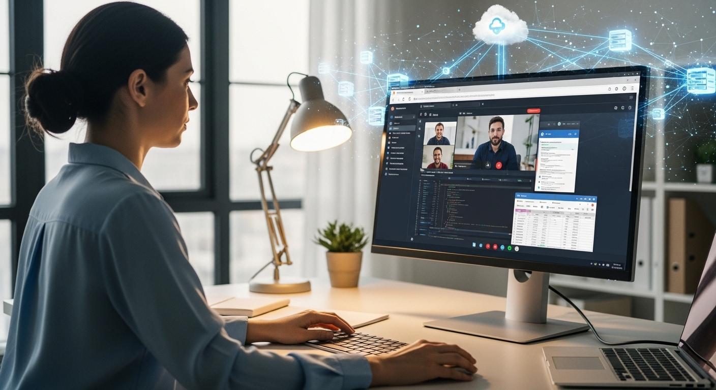 Professional remote worker accessing a full virtual desktop directly through a web browser, with cloud infrastructure and secure connectivity in the background.