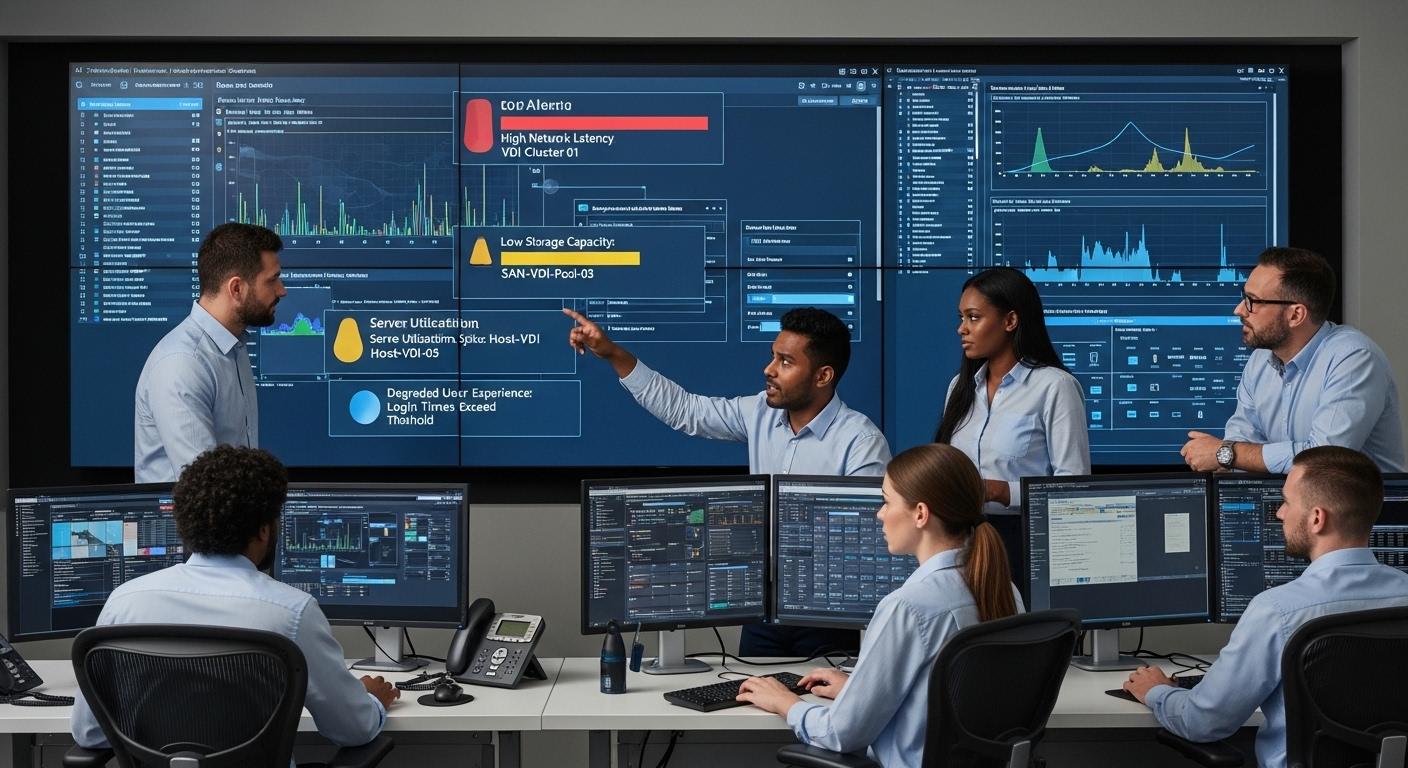 IT administrators monitoring a VDI environment with alerts for network latency, storage capacity, server utilization, and user experience metrics.
