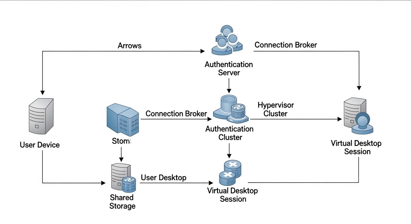 Step-by-step virtual desktop infrastructure process flow from user device to centralized server and virtual desktop session