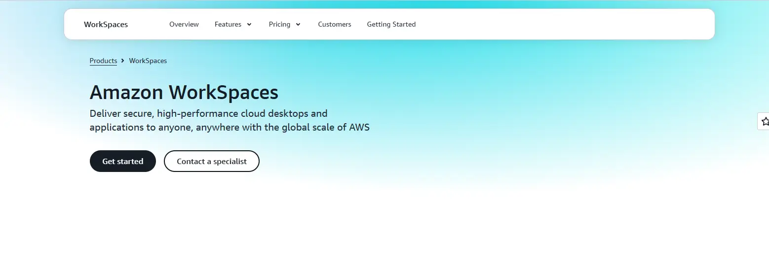 Amazon WorkSpaces page showcasing secure cloud desktops