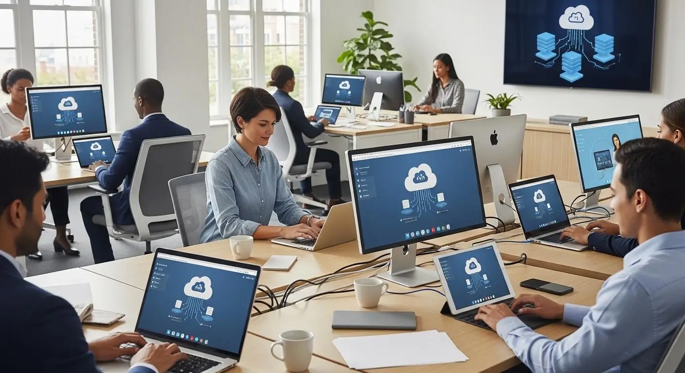 Bring Your Own Device (BYOD) workplace showing employees using personal laptops 