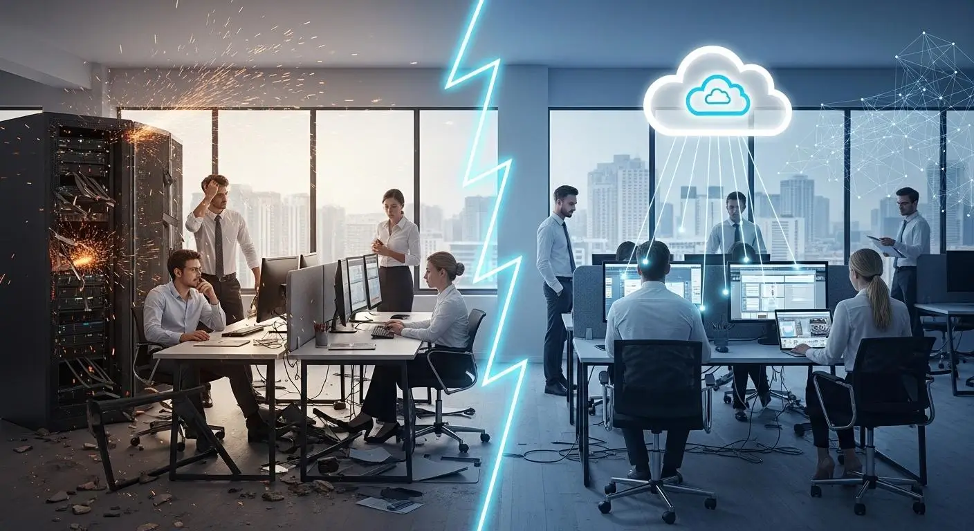 Business continuity concept showing employees instantly reconnecting to cloud-hosted virtual desktops
