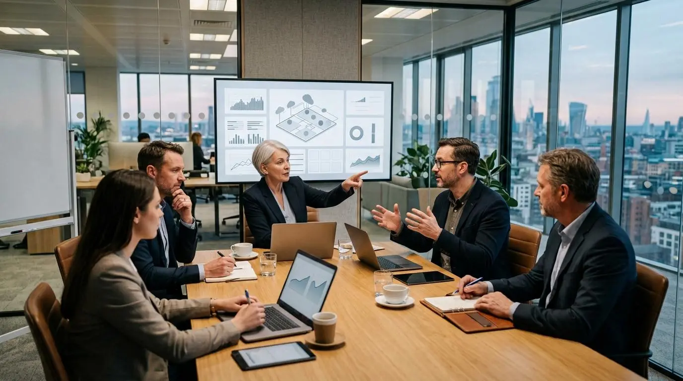 Business executives and IT leaders evaluating cloud-based hands-on lab platforms during a strategic planning meeting in a modern enterprise office