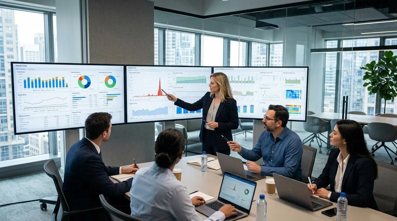 Business executives and IT managers reviewing cloud infrastructure costs 