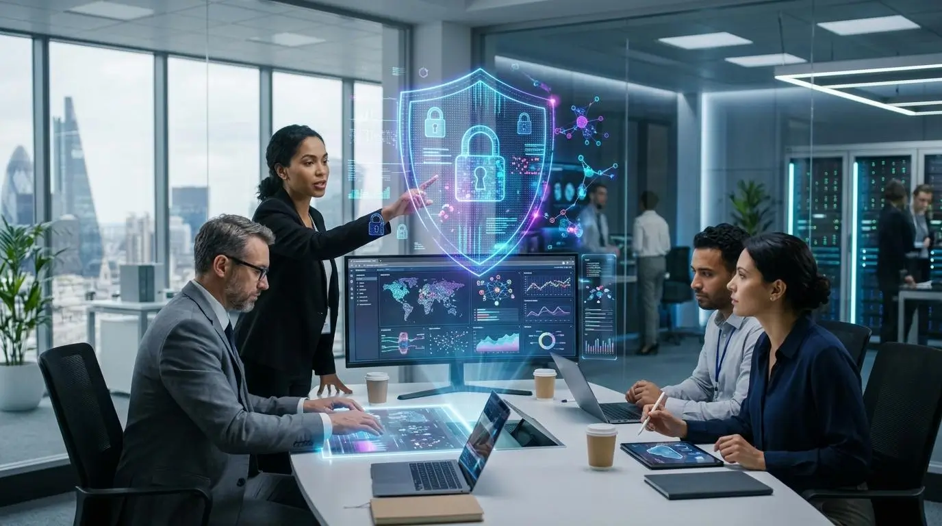 Business professionals collaborating in browser-based virtual labs with holographic security shields