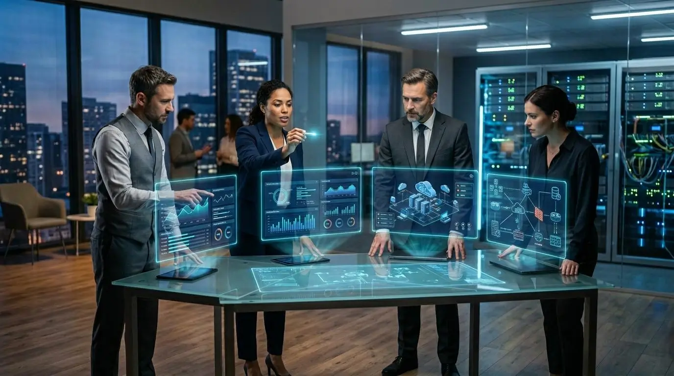 Business team evaluating multiple learning platforms on holographic screens