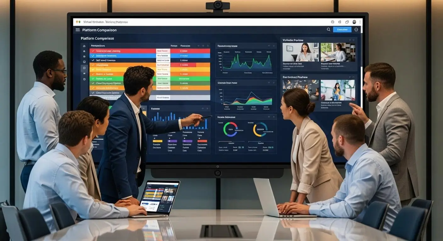 Business team evaluating multiple virtual training platforms on a large interactive dashboard