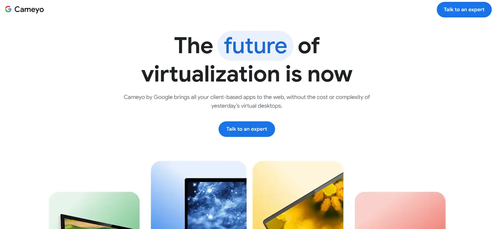 Cameyo by Google homepage showcasing browser-based virtual desktop