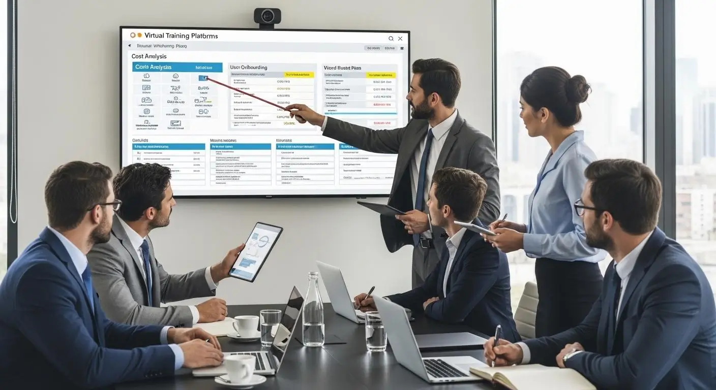 Corporate team evaluating a new virtual training platform with migration plans