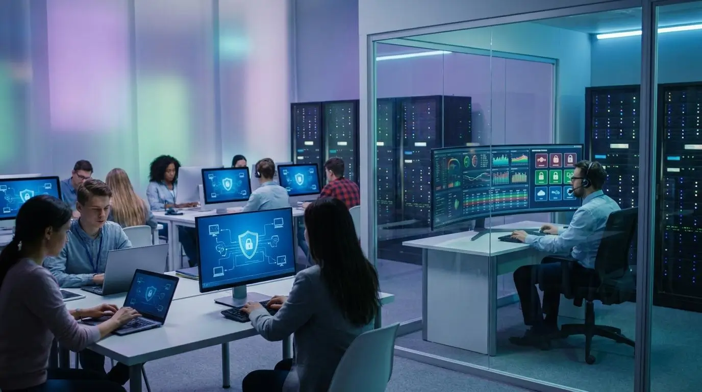 Cybersecurity-focused virtual learning ecosystem with students accessing secure cloud labs from different devices