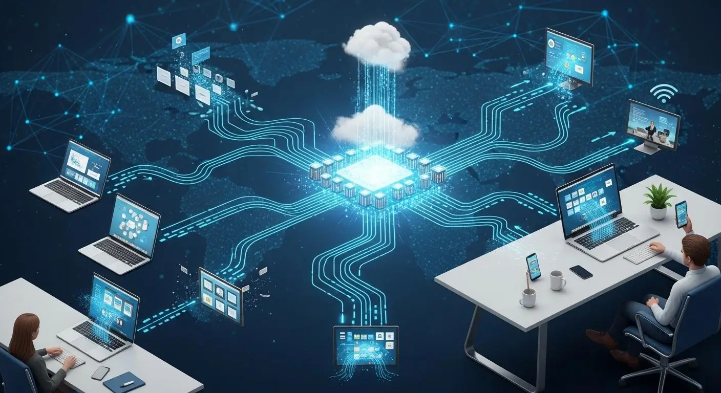 virtual desktop ecosystem showing centralized cloud resources streamed to laptops, tablets, and mobile devices