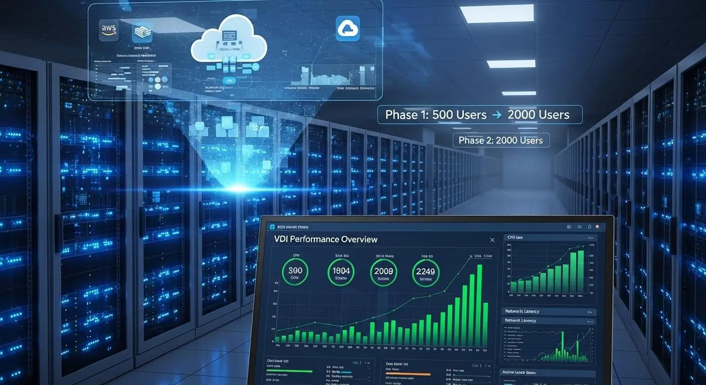 Enterprise virtual desktop infrastructure scaling from hundreds to thousands of users