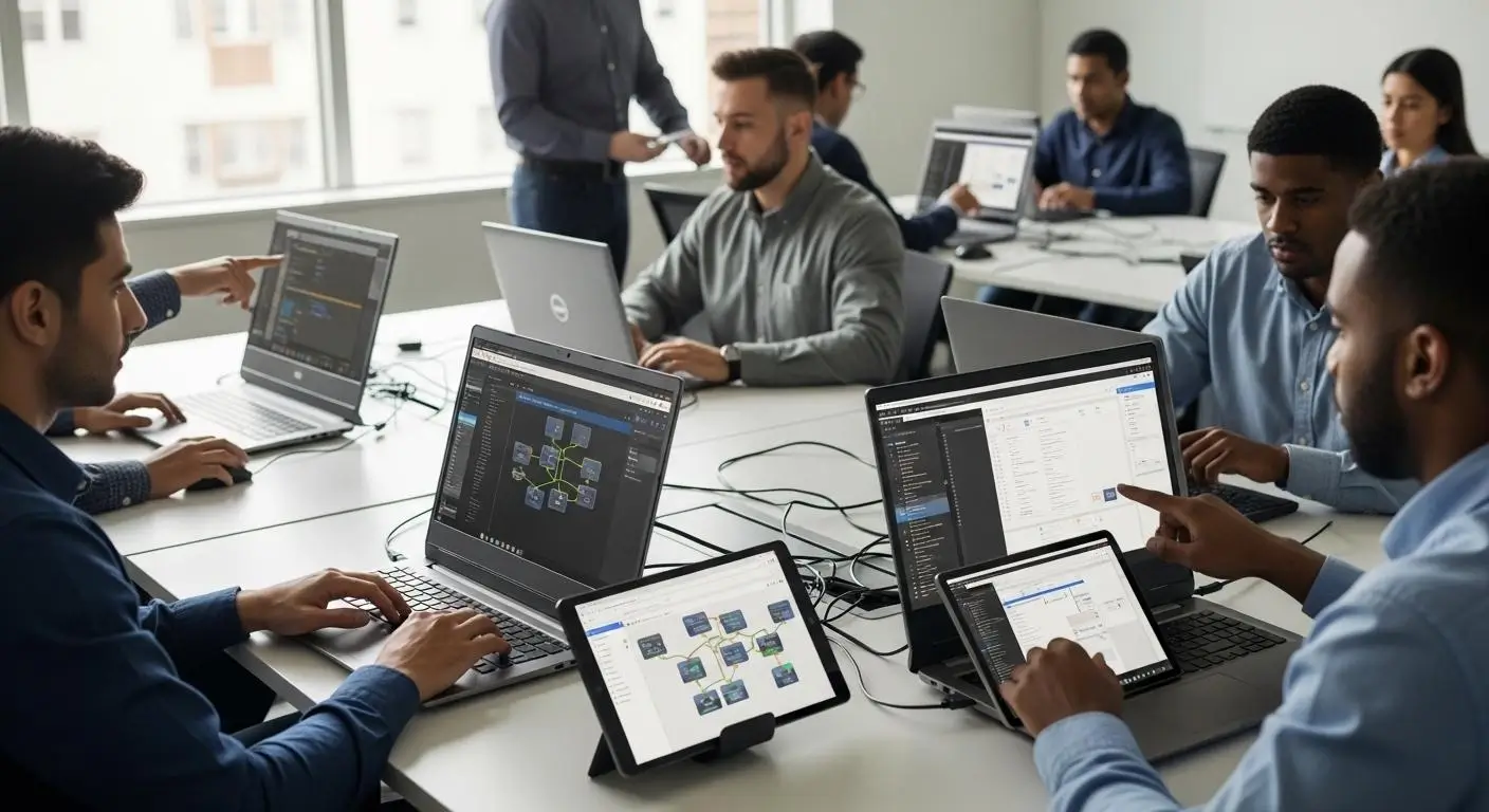 Hands-on software training with interactive virtual labs, featuring learners completing practical exercises on laptops and tablets.