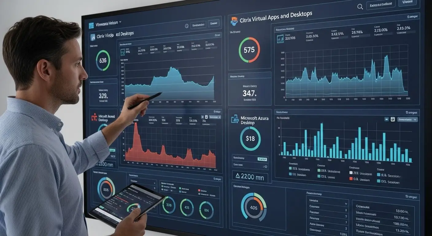 IT administrator evaluating multiple VDI platforms on a large dashboard