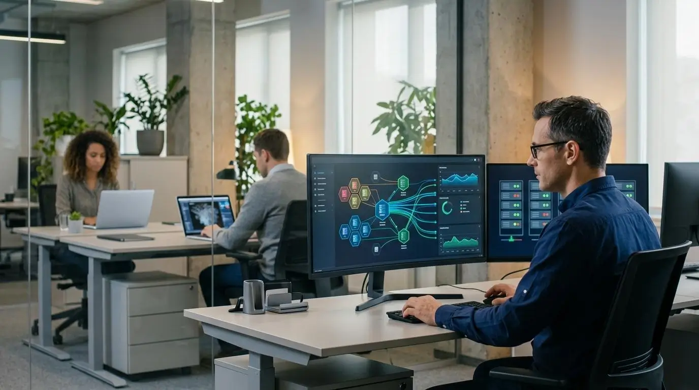 IT administrator managing secure cloud-hosted virtual desktops through a centralized dashboard 