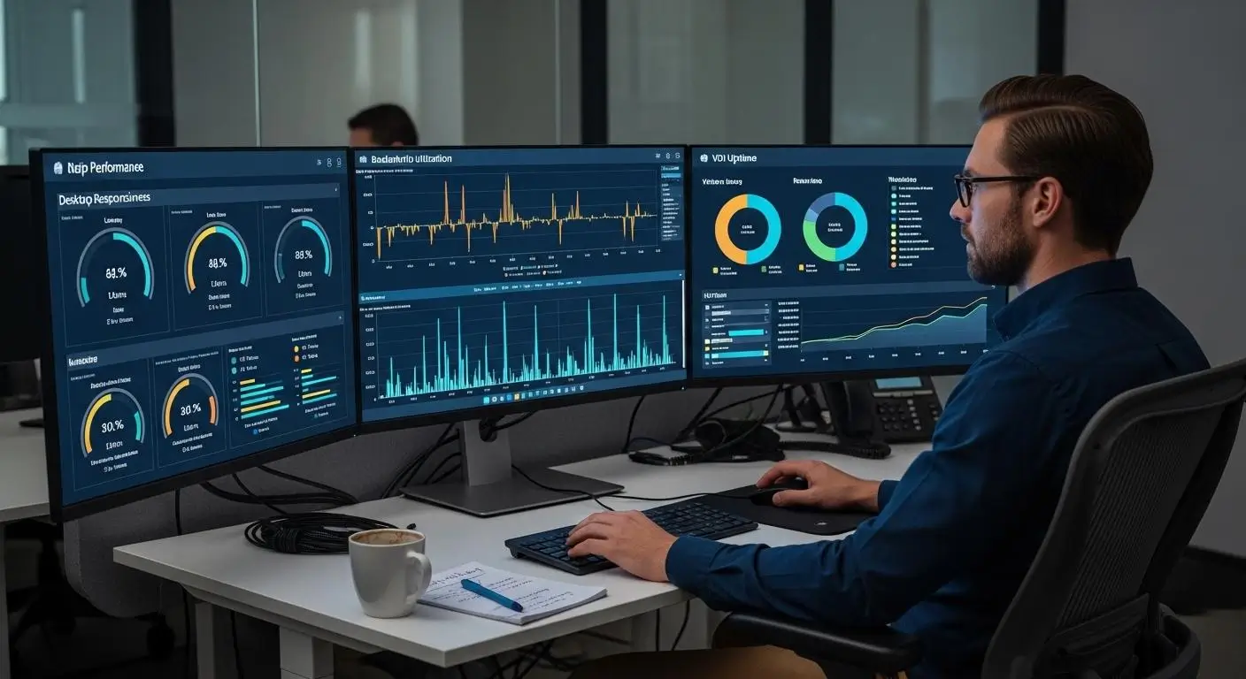 IT administrator monitoring virtual desktop performance dashboards