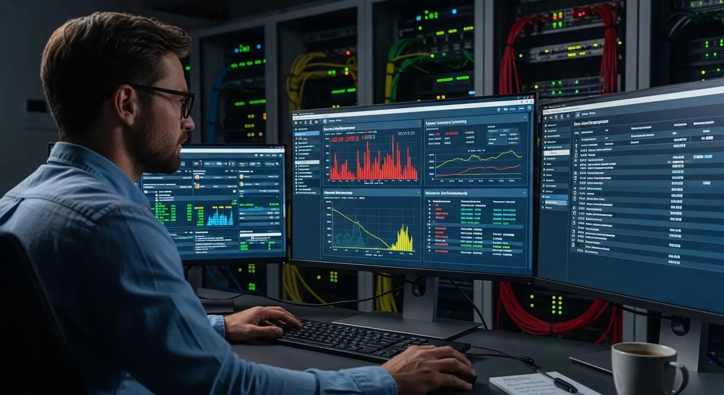 IT administrator troubleshooting virtual desktop performance issues with latency warnings