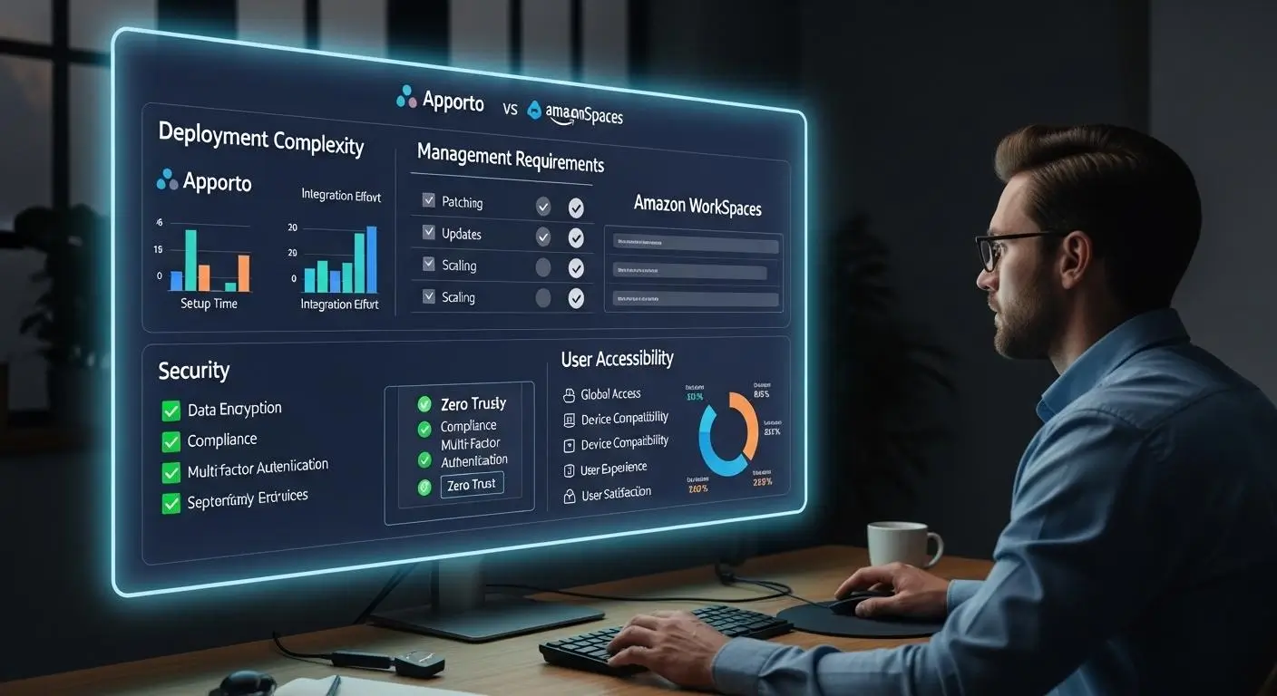 IT administrators evaluating Apporto and Amazon WorkSpaces on a comparison dashboard