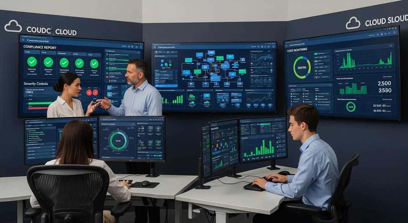 IT administrators managing cloud desktops with dashboards.