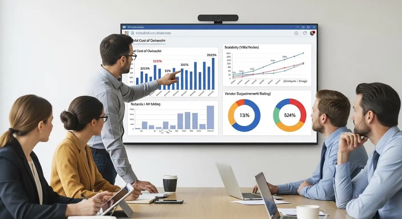 IT decision-makers comparing virtualization platforms on a digital dashboard, evaluating cost, and scalability.