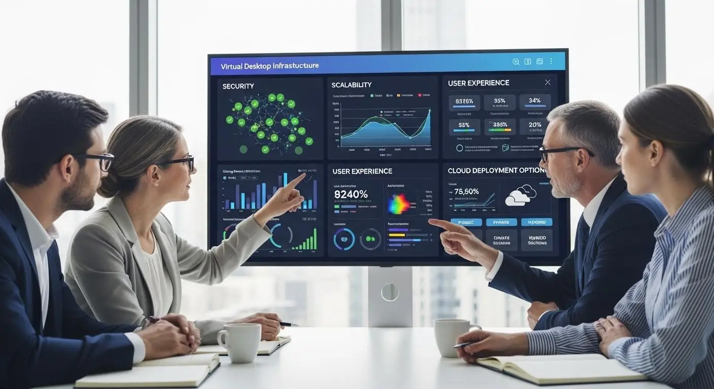 Decision-makers evaluating a virtual desktop infrastructure platform dashboard, highlighting security, scalability