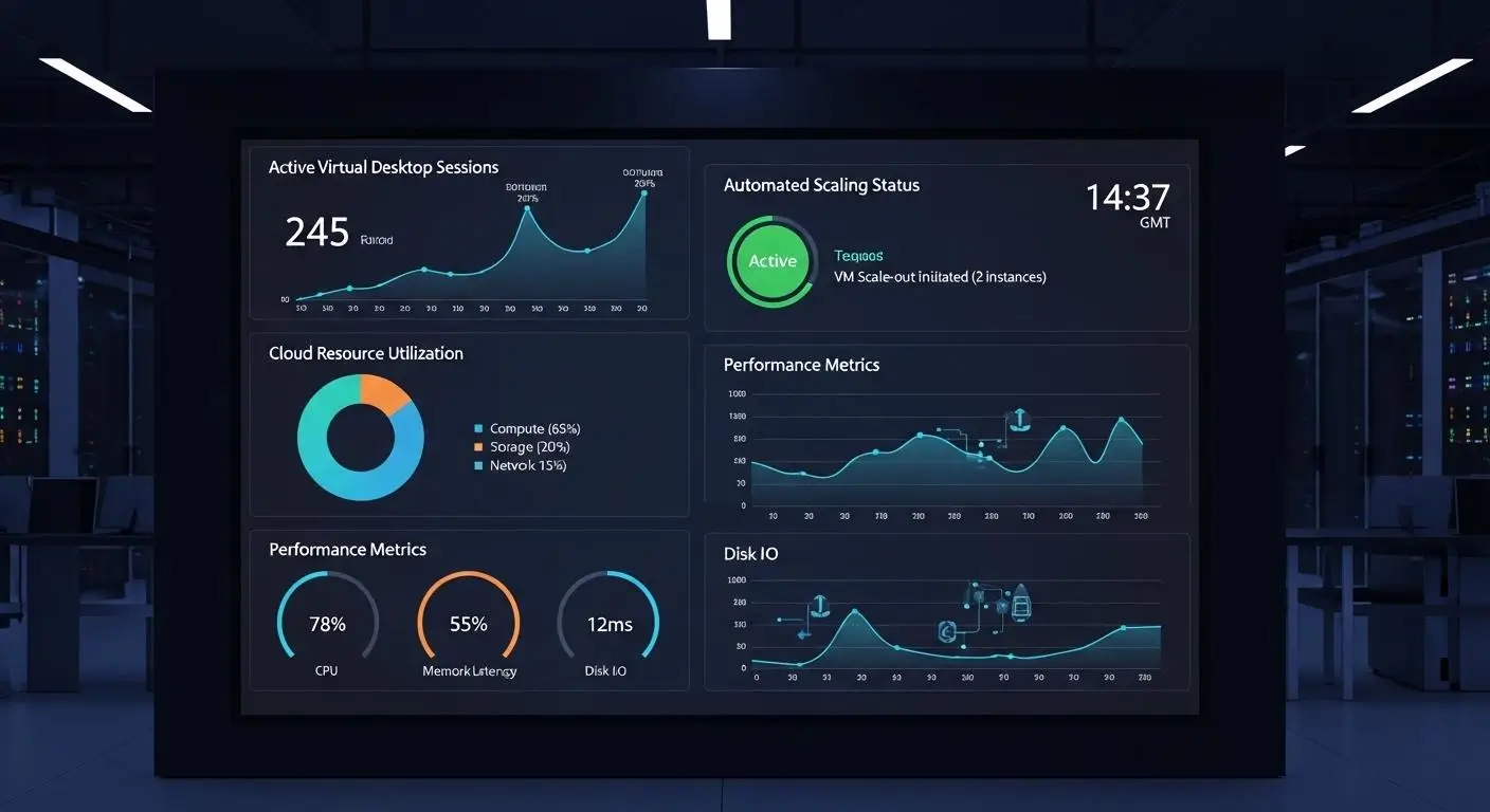 IT operations dashboard displaying active virtual desktop sessions.