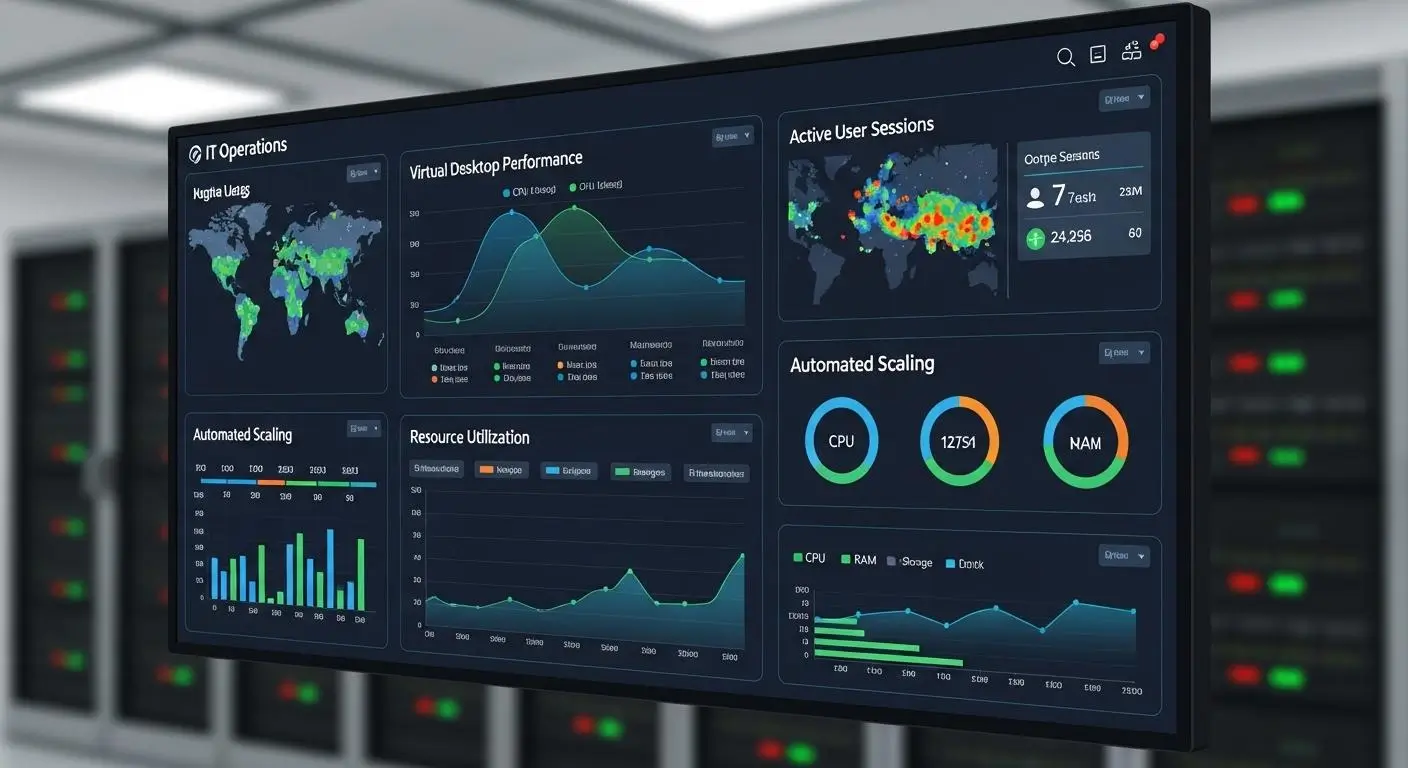IT operations dashboard displaying virtual desktop performance