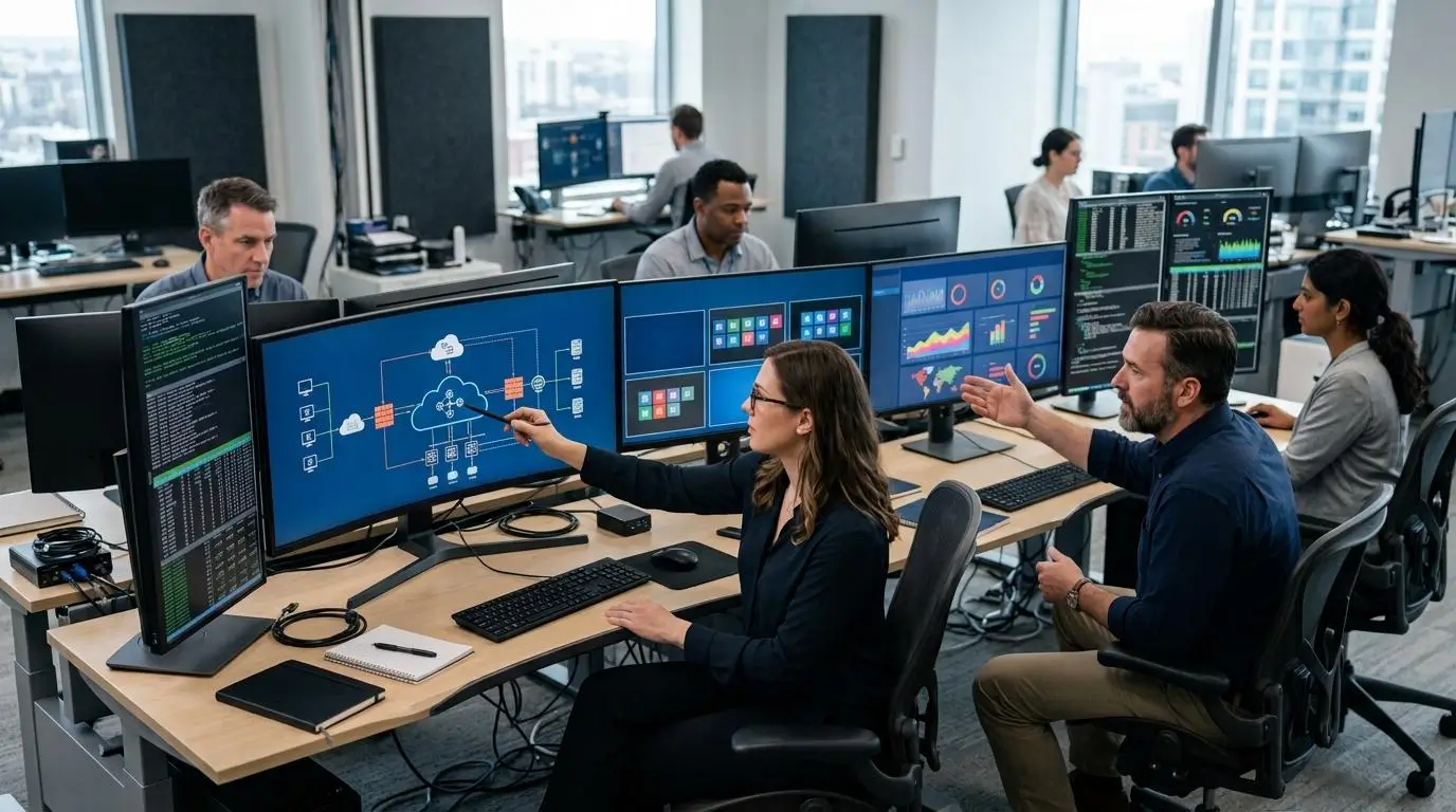 professionals evaluating cloud-based virtual lab platforms using multiple monitors displaying secure cloud infrastructure