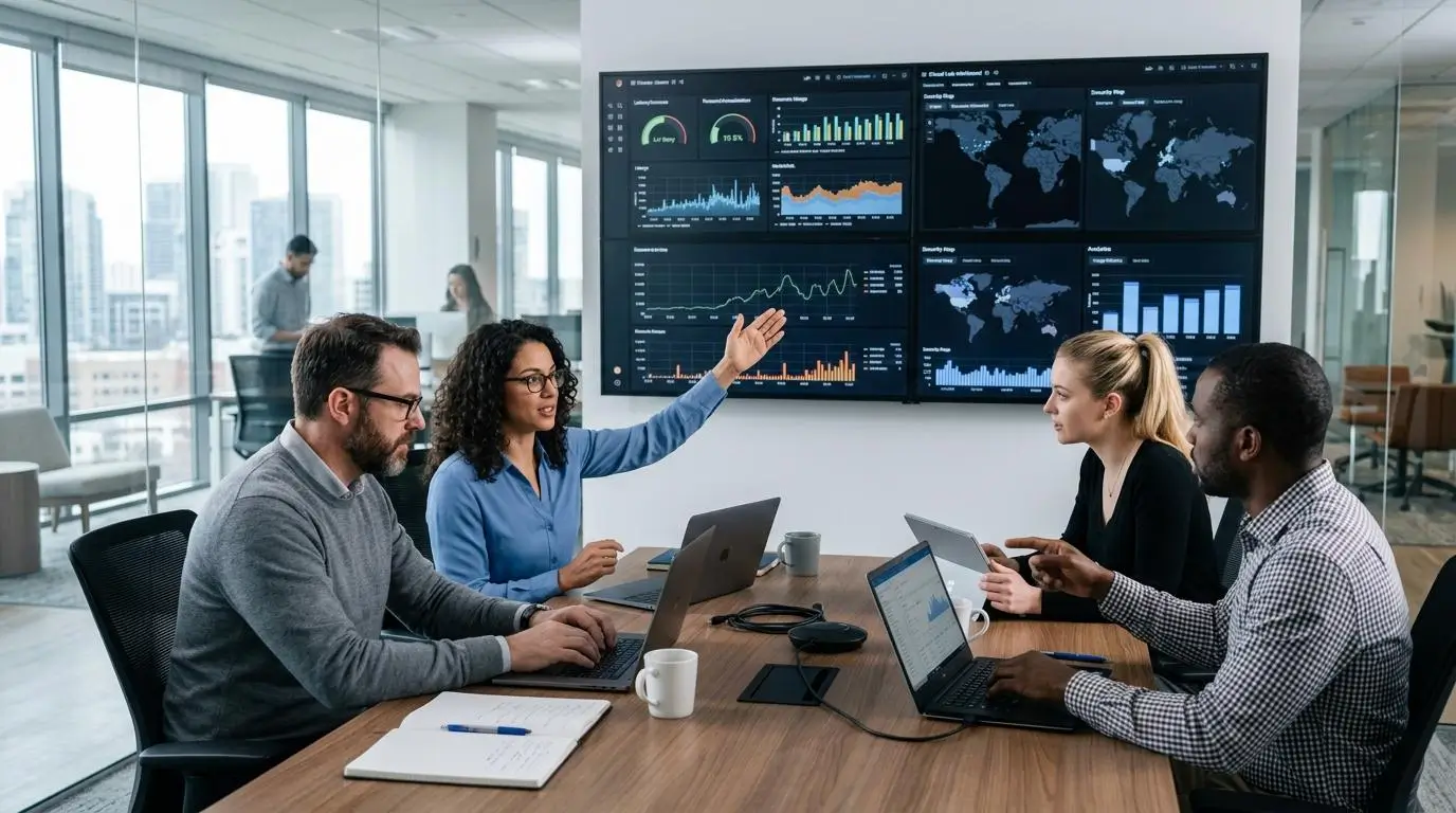 IT professionals evaluating multiple cloud-based virtual lab platforms on large display