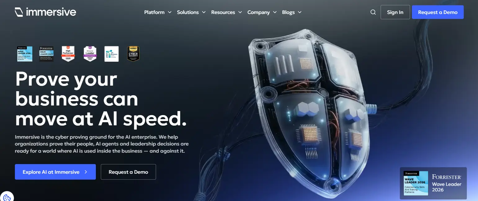 Immersive homepage showcasing AI-powered cybersecurity training