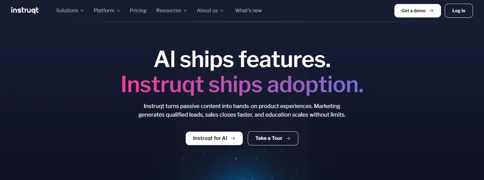 Homepage of an interactive software training platform featuring AI-powered hands-on product experiences.