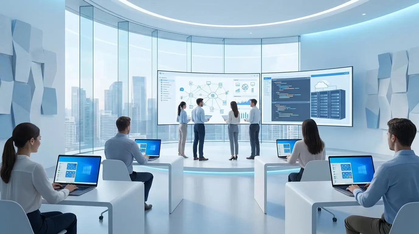 Modern cloud computing environment with learners accessing virtual desktops from laptops 