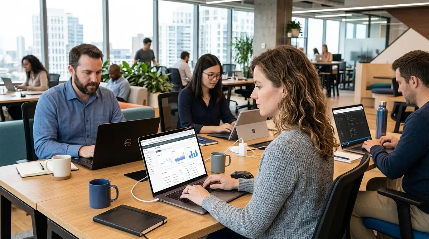 cloud computing scene with users seamlessly accessing software