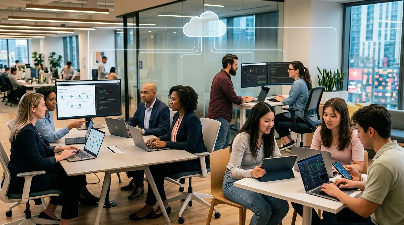Modern cloud learning ecosystem featuring students, corporate teams, and DevOps engineers