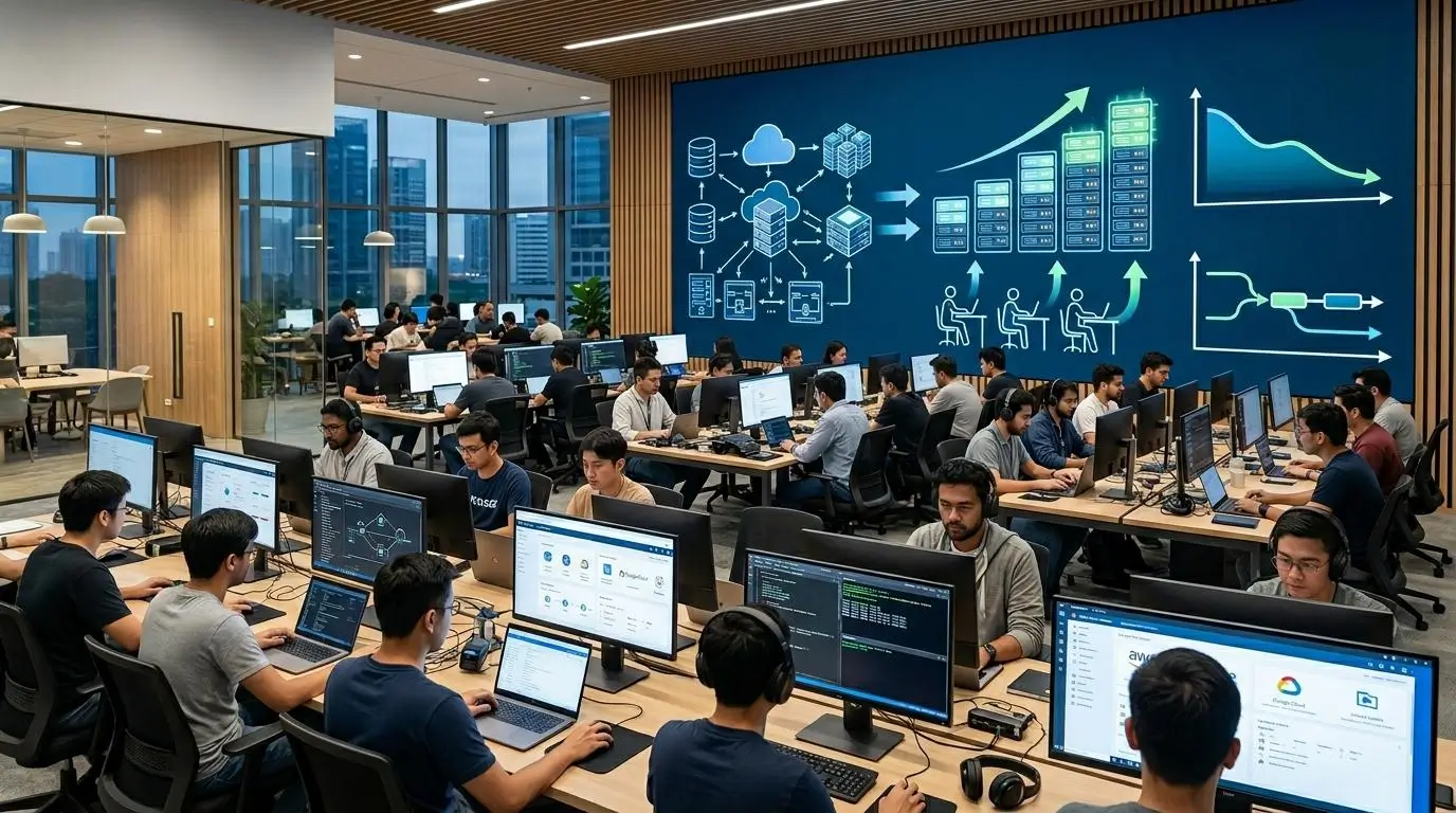 cloud training environment with students and professionals accessing virtual desktops