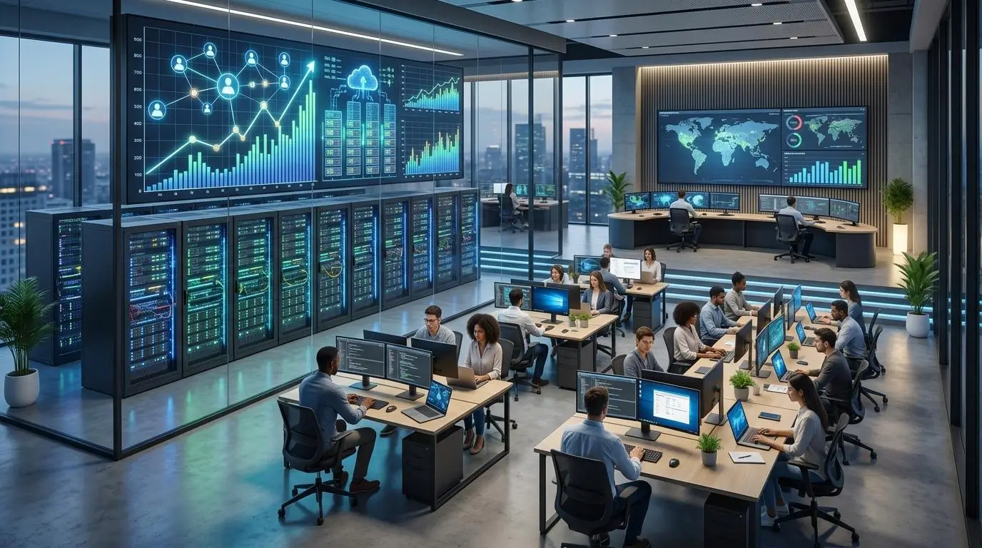 Modern digital workspace with cloud servers automatically scaling resources