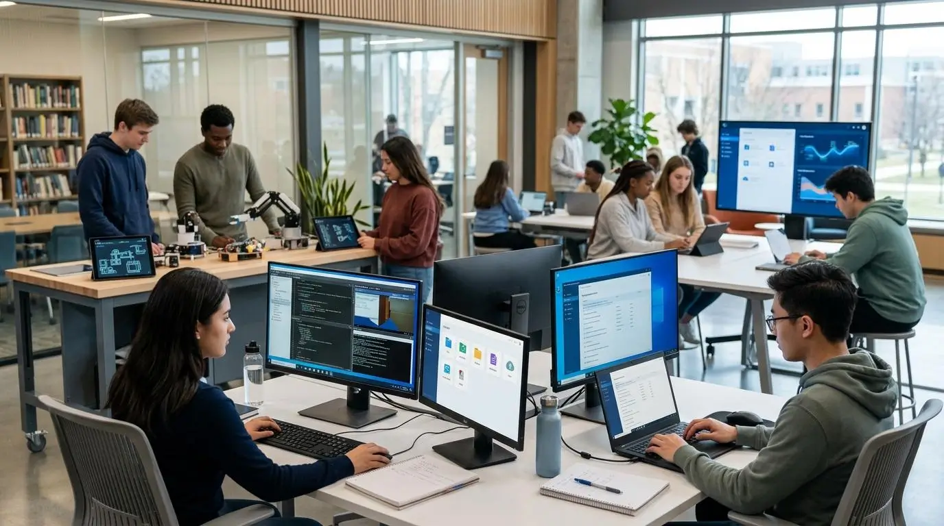 students accessing virtual desktops, assignments, and hands-on labs through a unified learning platform