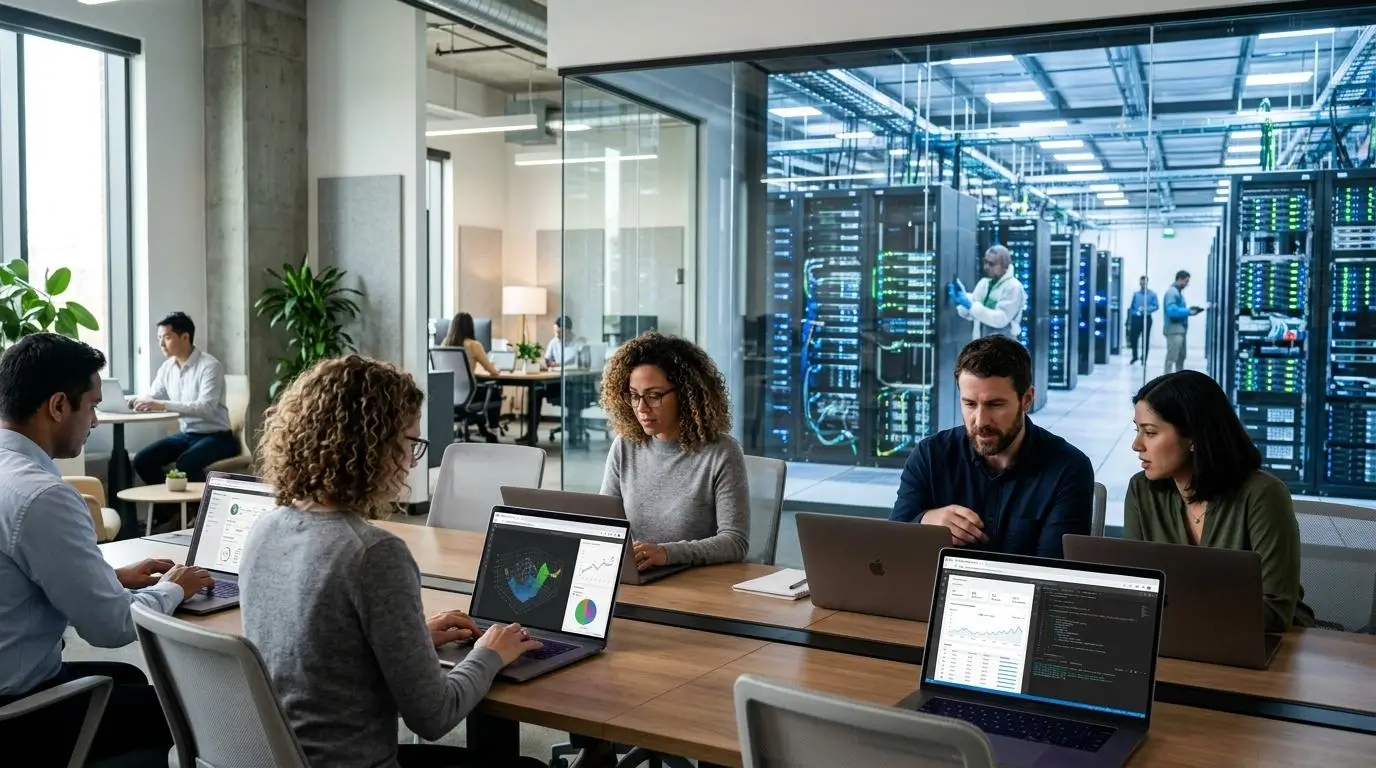 Modern office with professionals accessing browser-based virtual desktops from laptops