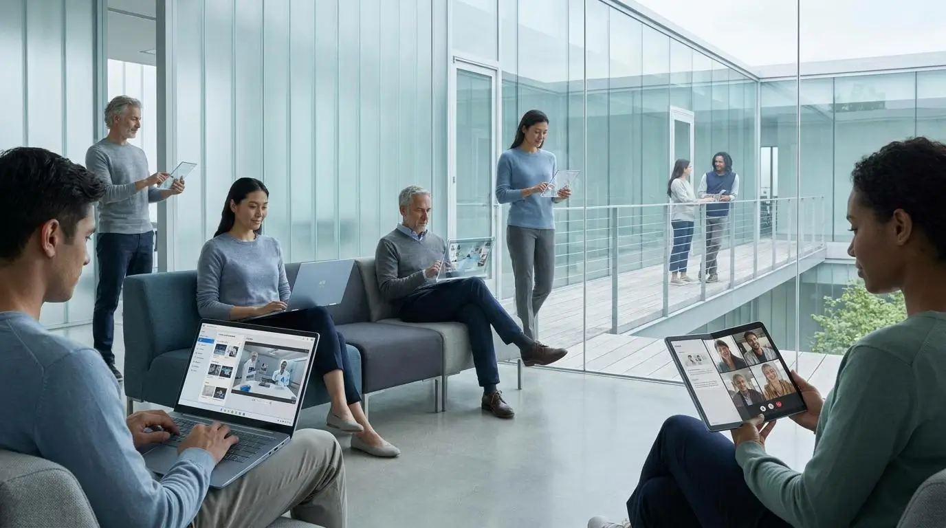 remote learning ecosystem with diverse learners using laptops, tablets, and lightweight devices to access browser-based training