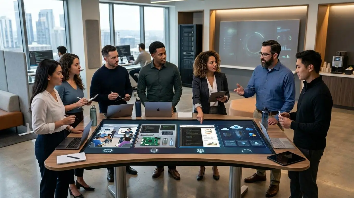 Modern technology evaluation workspace with educators and IT leaders