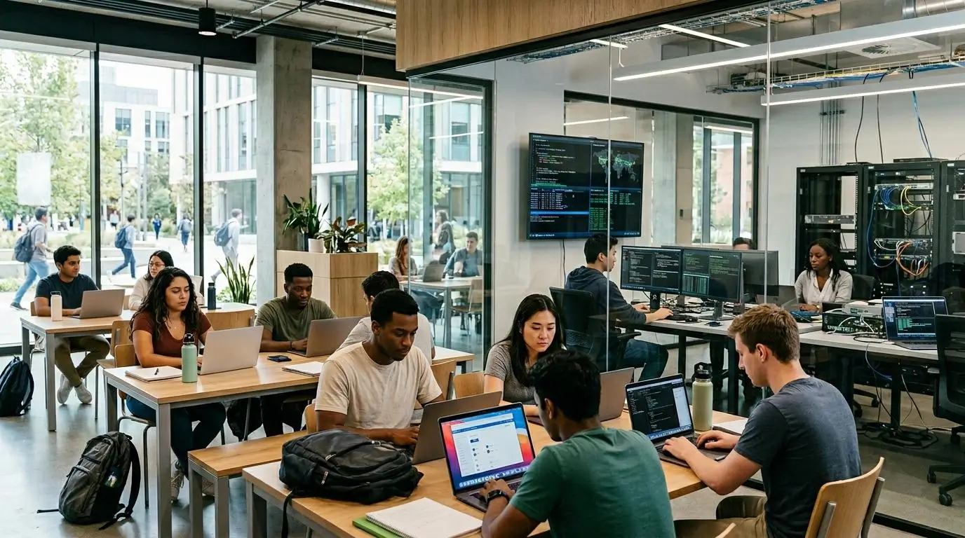 university ecosystem with diverse students launching cloud desktops