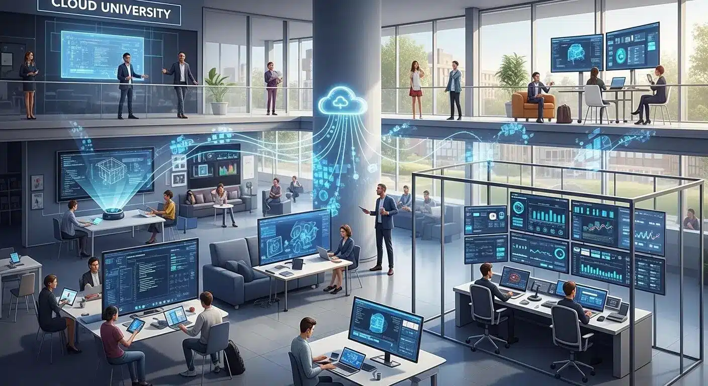 university powered by cloud VDI with students, faculty, and IT teams connected through secure virtual desktop