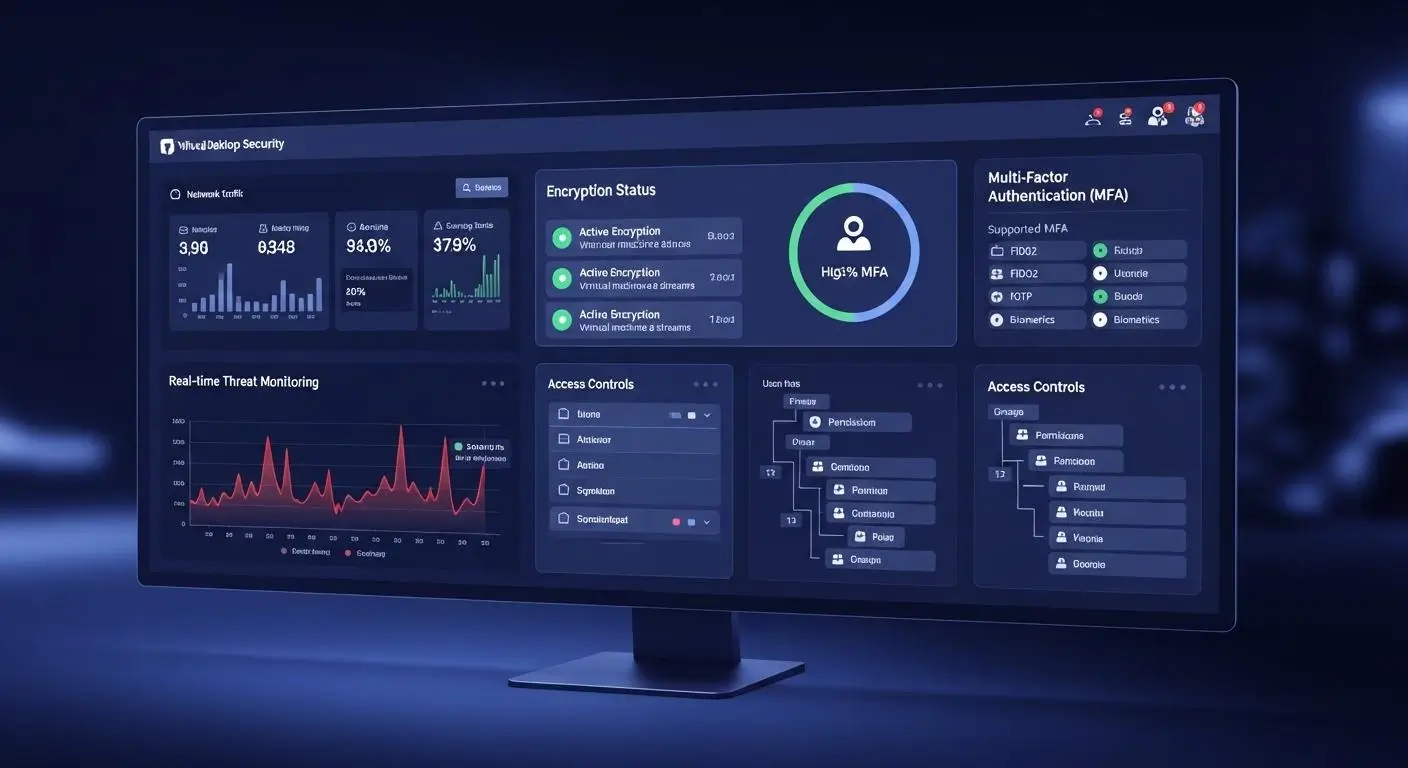 virtual desktop security dashboard displaying encryption, multi-factor authentication.